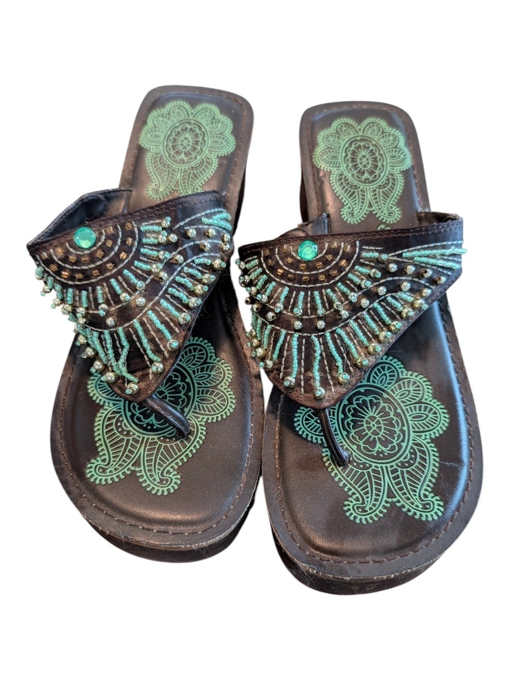 Embellished Brown Thong Sandals with Teal Beadwork - Skechers